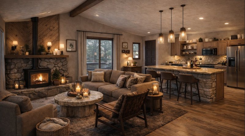 Big Bear cabin interior designed by Unleashed Interior Design — stone fireplace, warm wood, cozy mountain living